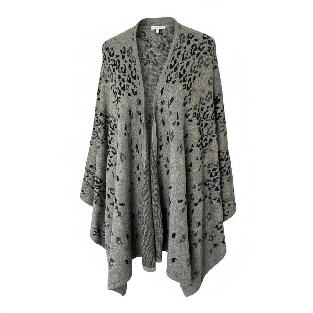 CAbi Grey Leopard Print Poncho Sweater One Size Cotton Open Front Cozy Lounge